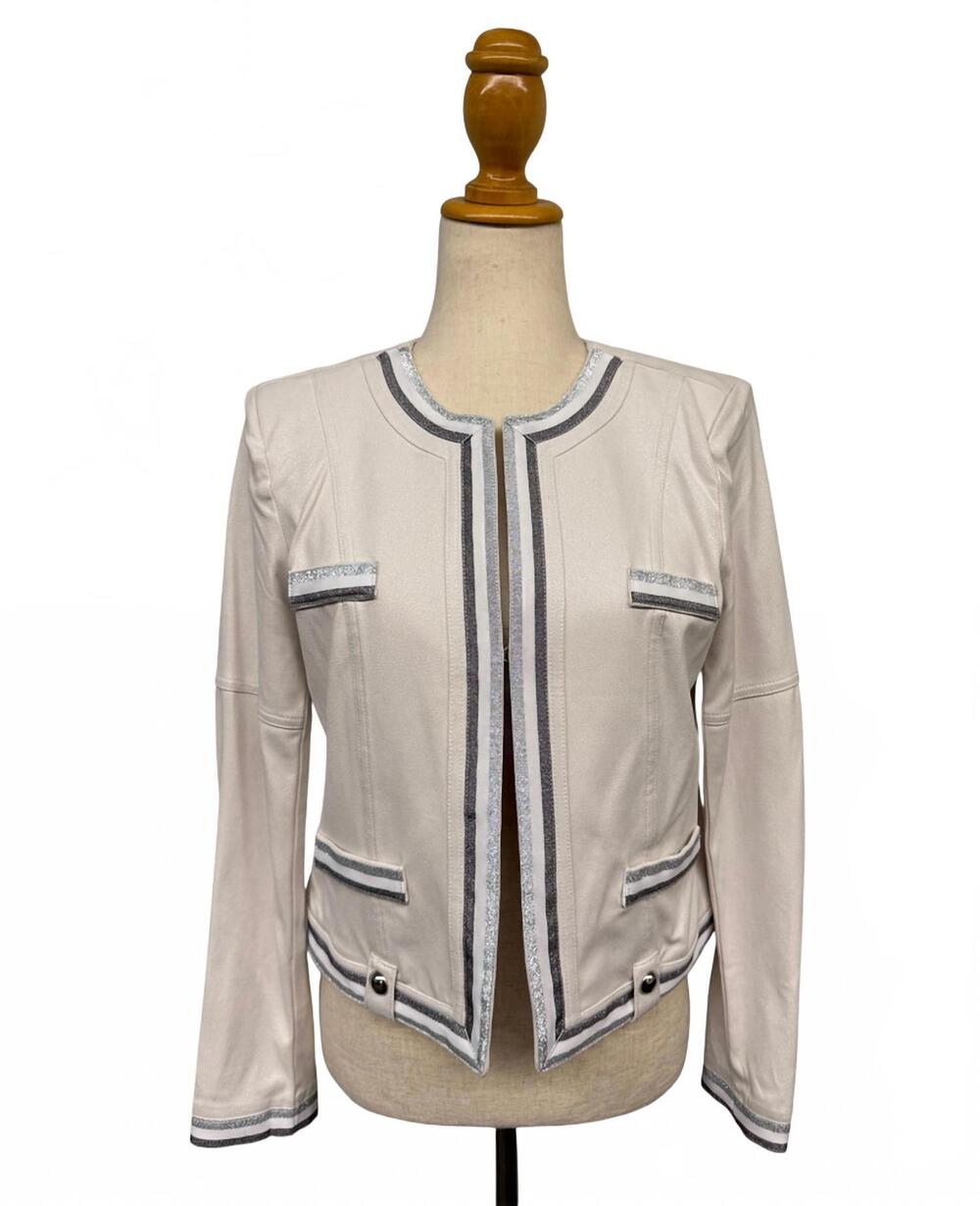 NEW INSIGHT women's suede long sleeve jacket with trim in ivory